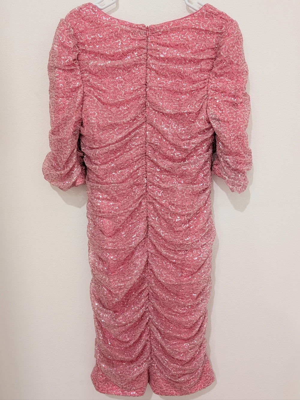 Badgley Mischka Light Pink Sequin Square Neck Ruched Cocktail Midi Dress 16 NWT - Picture 8 of 13